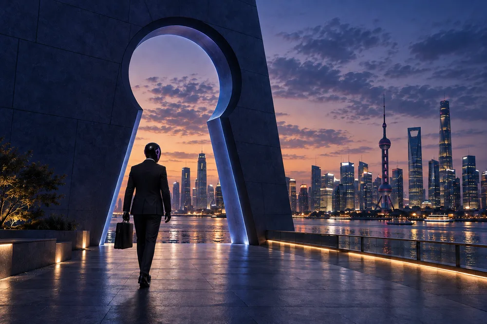 The SHI-X companion walks through a blue keyhole-shaped gateway toward a city skyline.