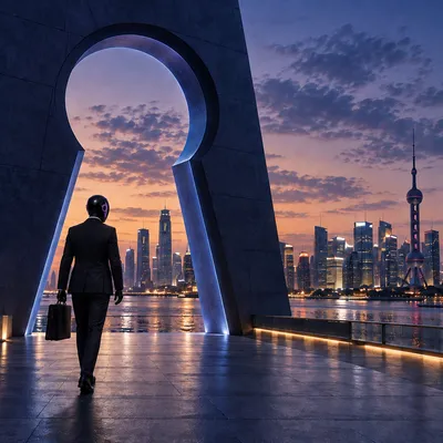 The SHI-X companion walks through a blue keyhole-shaped gateway toward a city skyline.