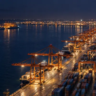 A panoramic scene of a container port at night.
