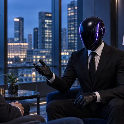 The SHI-X companion talks with a colleague in a blue business lounge.