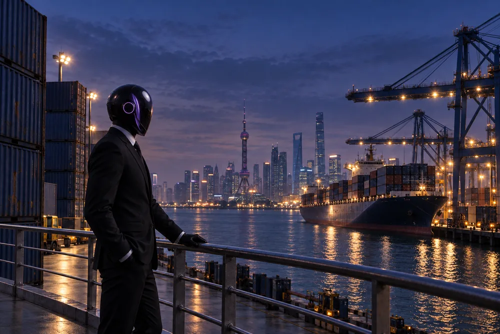 The SHI-X companion looks across a container port at dusk.