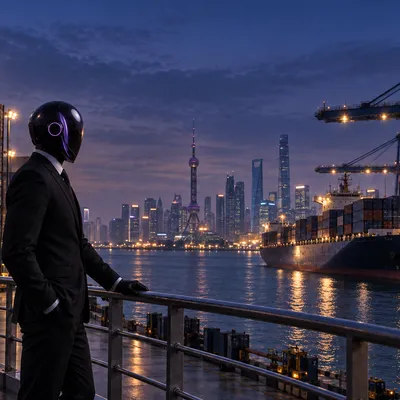 The SHI-X companion looks across a container port at dusk.