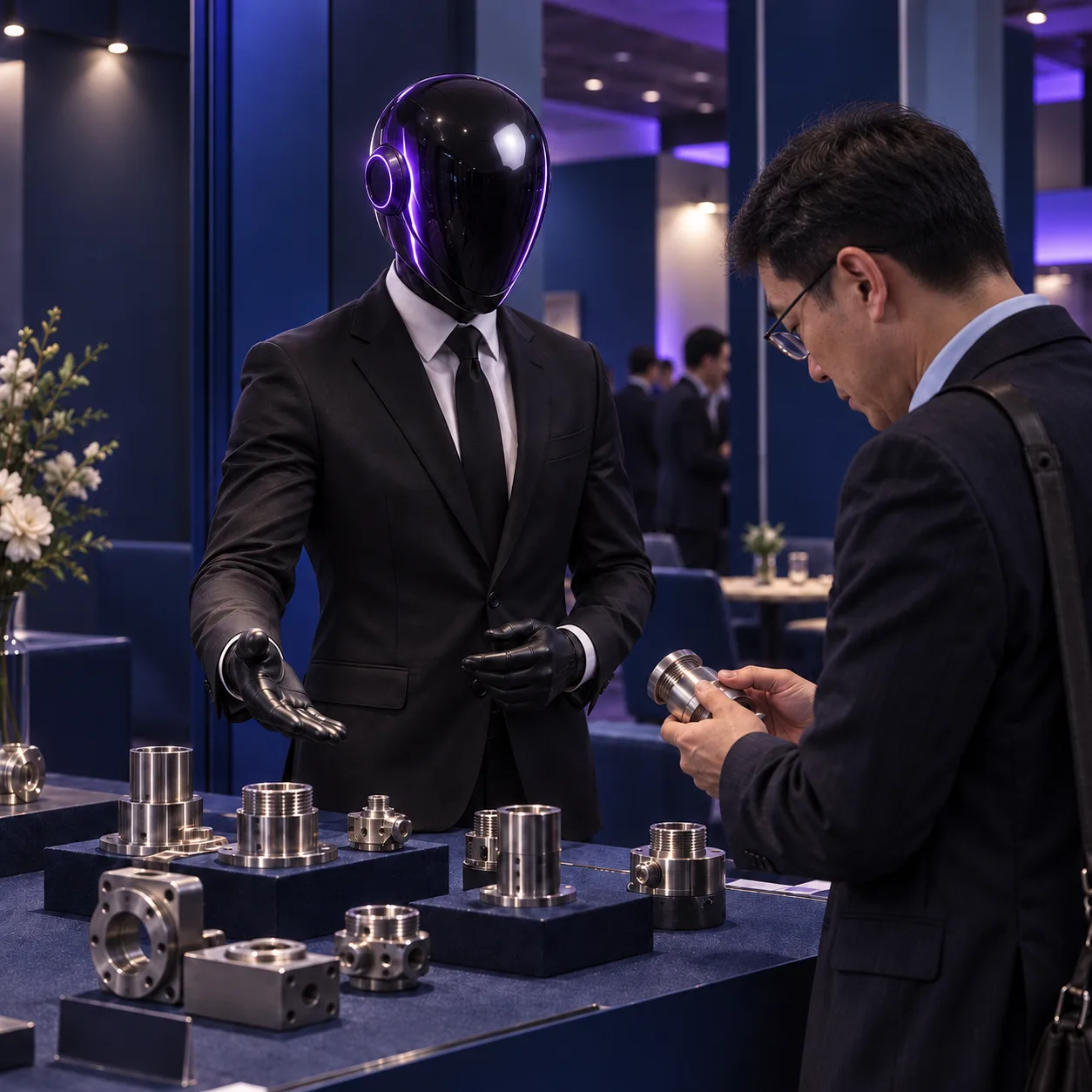 The SHI-X companion and a business visitor examine samples at a supplier stand.