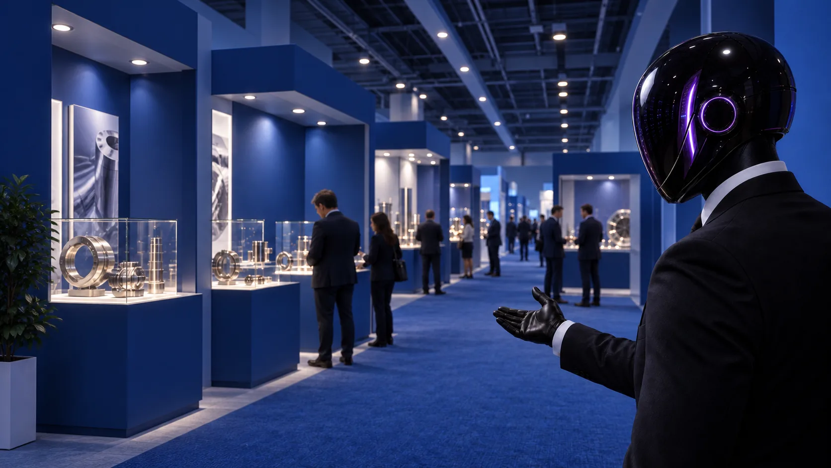 The SHI-X companion points visitors toward supplier stands in an exhibition hall.