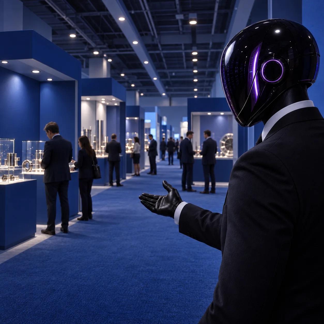 The SHI-X companion points visitors toward supplier stands in an exhibition hall.
