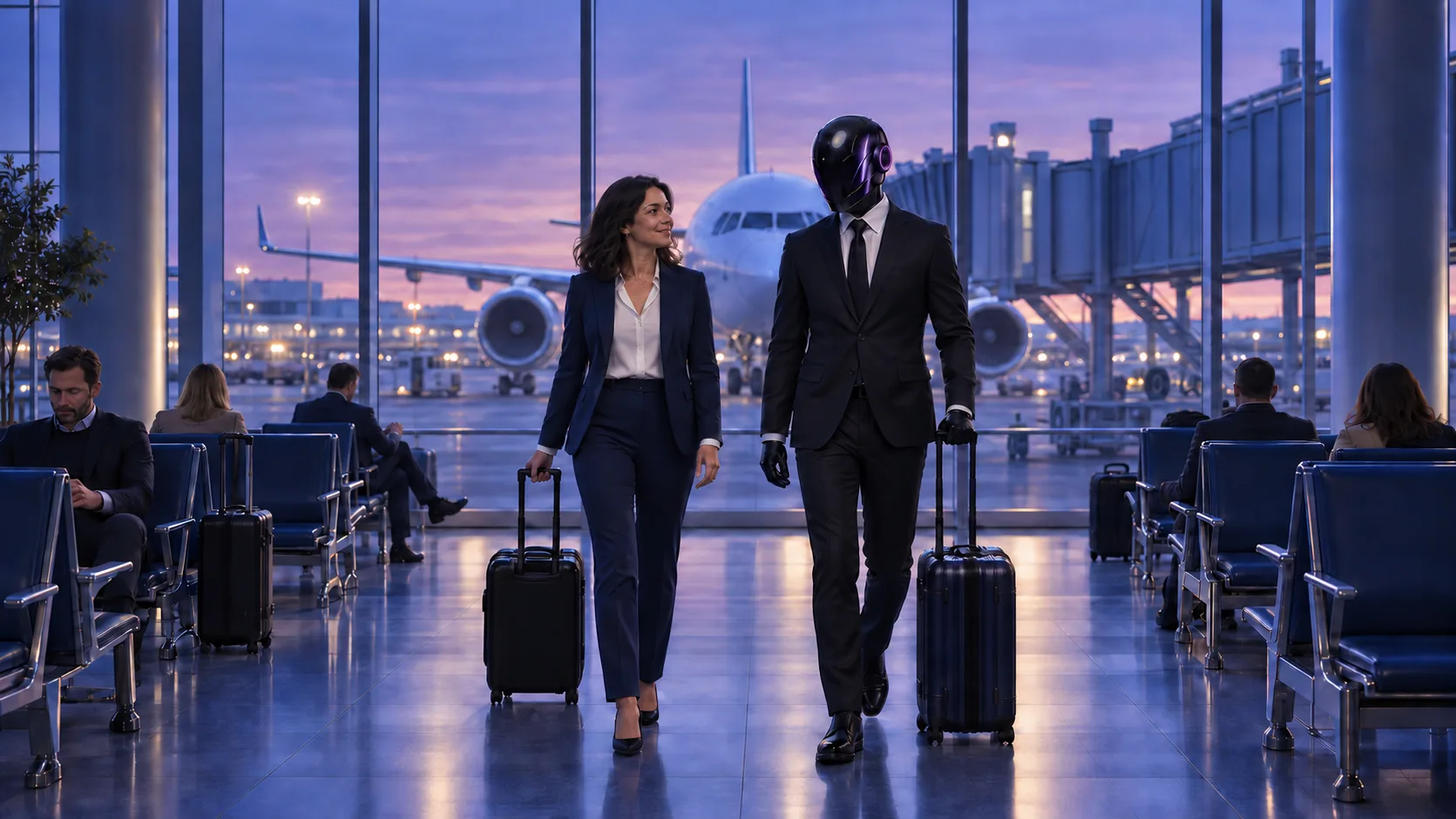The SHI-X companion and a traveller walk through an airport with their luggage.