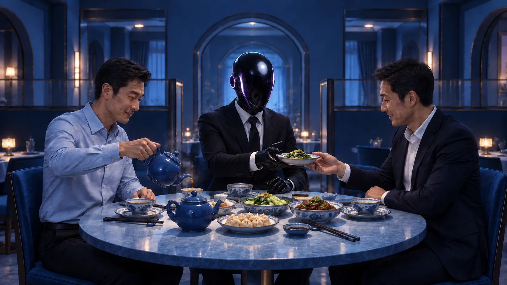 The SHI-X companion serves a dish to two diners in a blue restaurant.