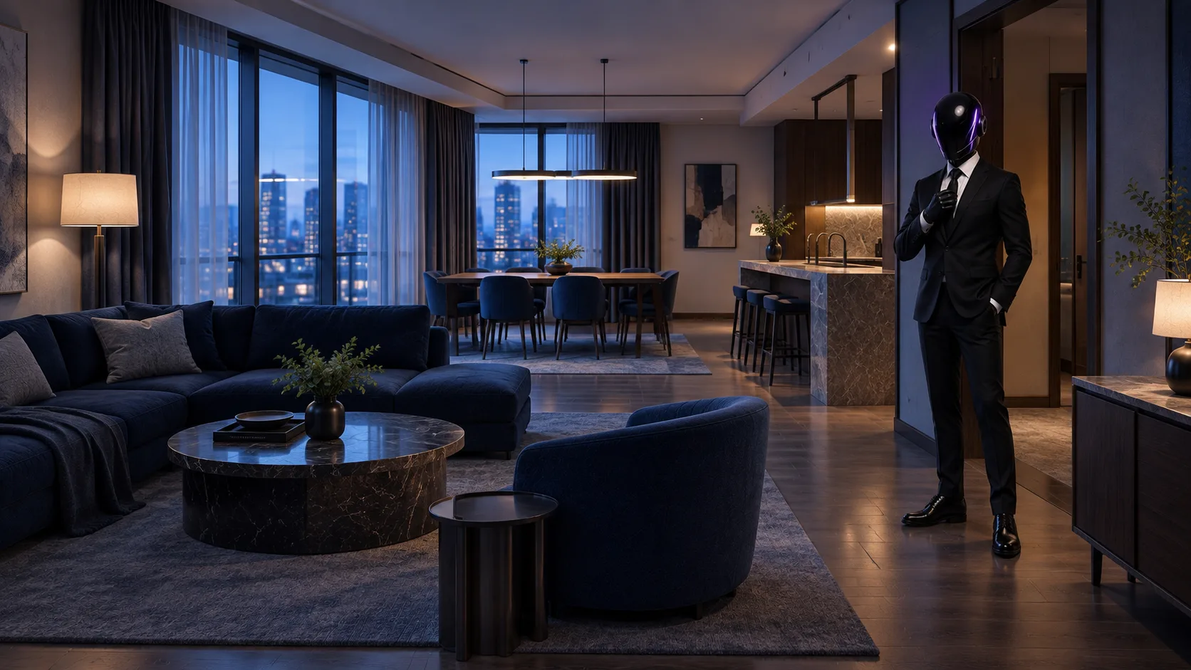 The SHI-X companion stands in a connected living and dining space with furniture and warm lighting.