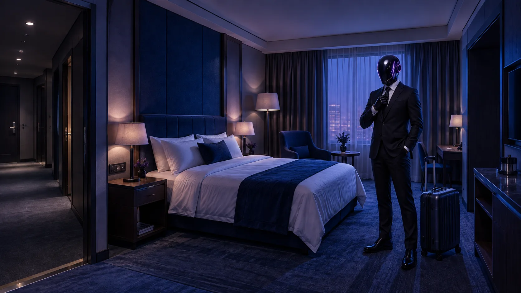 The SHI-X companion arrives in a blue hotel room with a suitcase.