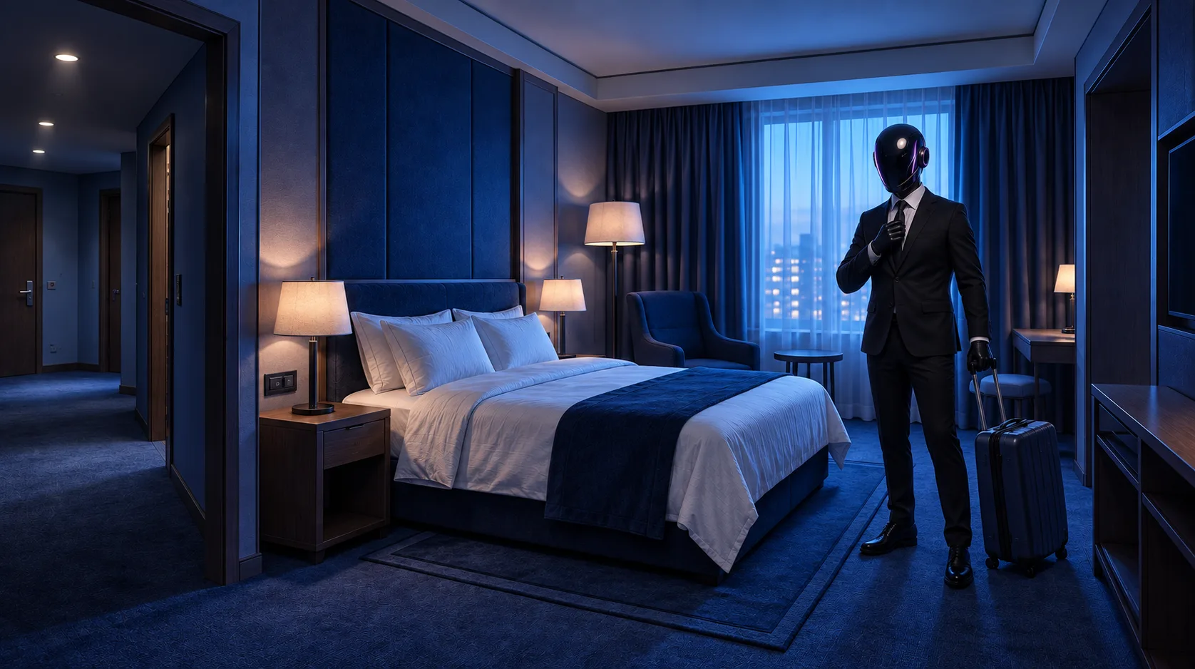 The SHI-X companion arrives in a blue hotel room with a suitcase.