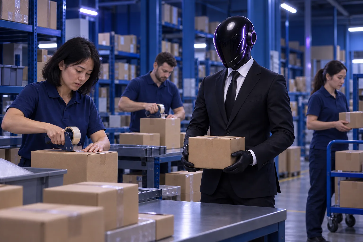 The SHI-X companion helps a warehouse team pack goods.