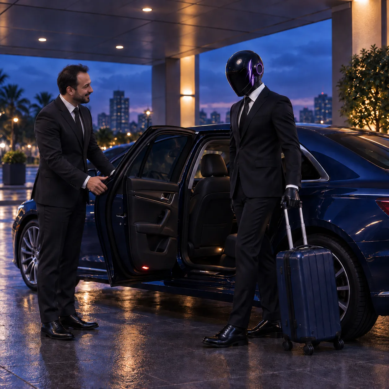 Avatar with driver beside blue passenger car.
