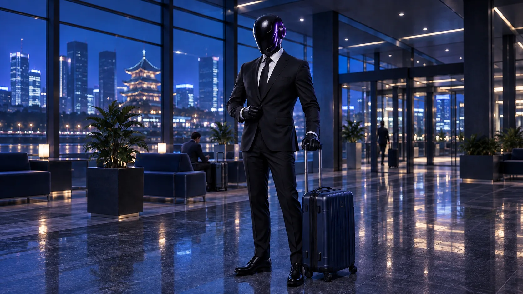 The SHI-X companion waits with a suitcase in a blue arrival hall.