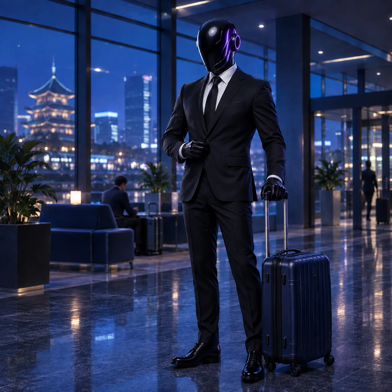 The SHI-X companion waits with a suitcase in a blue arrival hall.