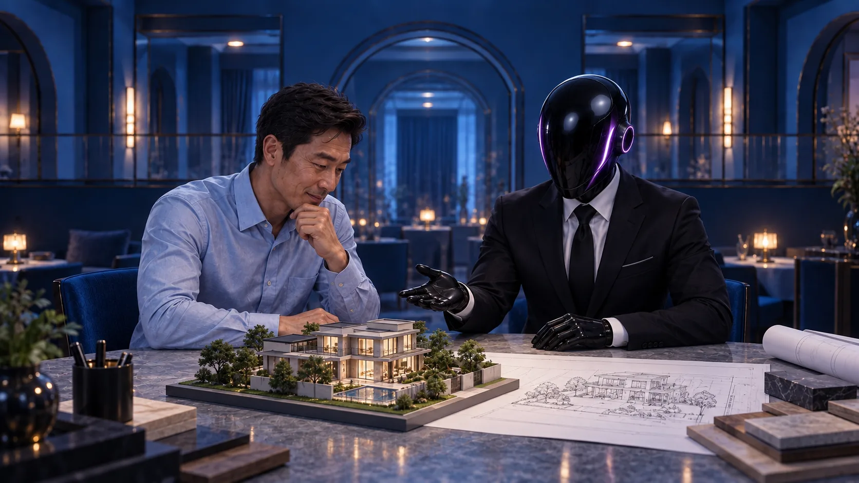 The SHI-X companion and a designer study a villa model and architectural drawing on a worktable.