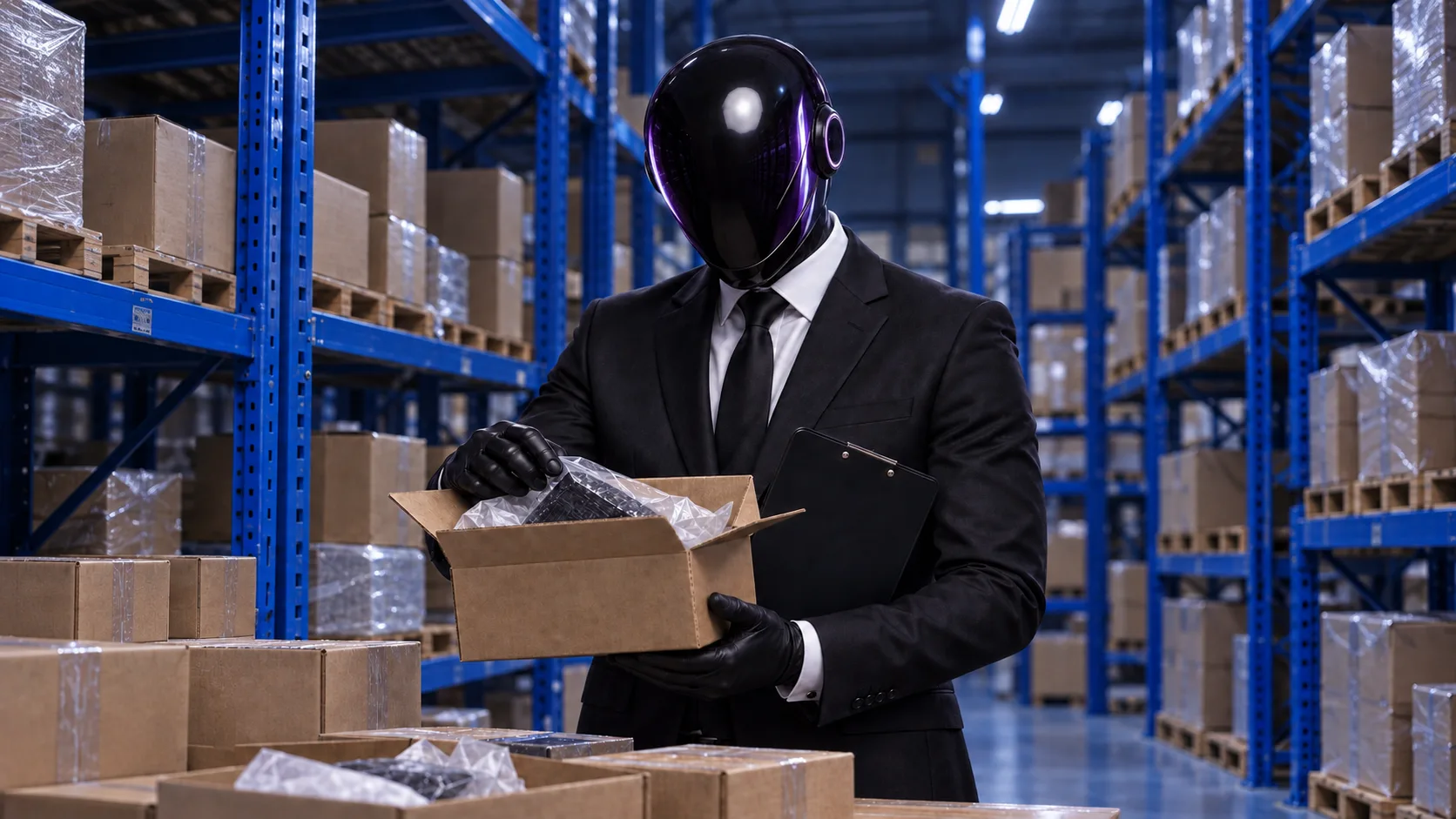 The SHI-X companion checks product samples in a warehouse.