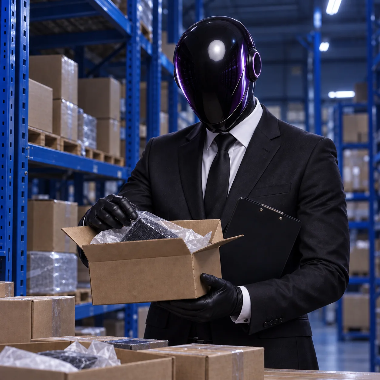 The SHI-X companion checks product samples in a warehouse.