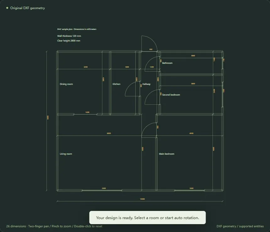 The home’s CAD floor plan showing room dimensions and layout.