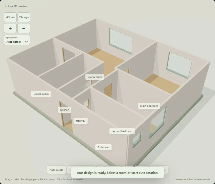 The same home in three dimensions, showing walls, rooms and architectural finishes.
