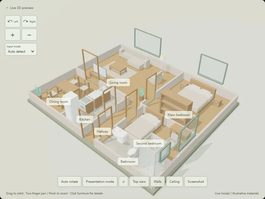 The same home in three dimensions with furniture in place.