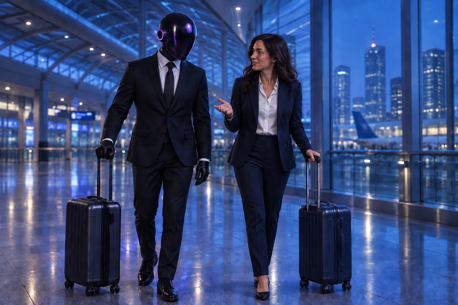 The SHI-X companion and a traveller discuss their next stop in an airport terminal.