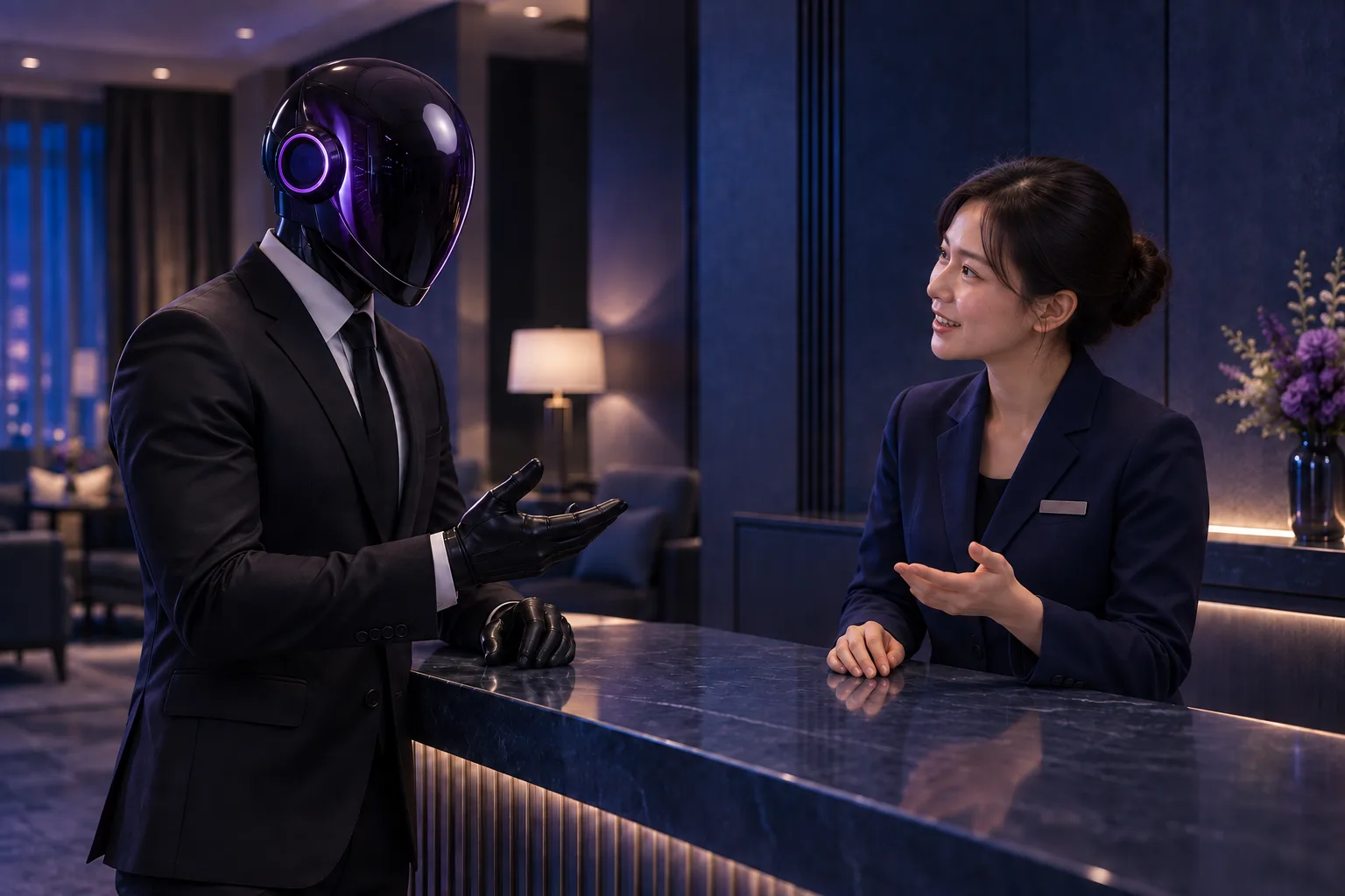 Avatar and service host communicating over blue reception counter.
