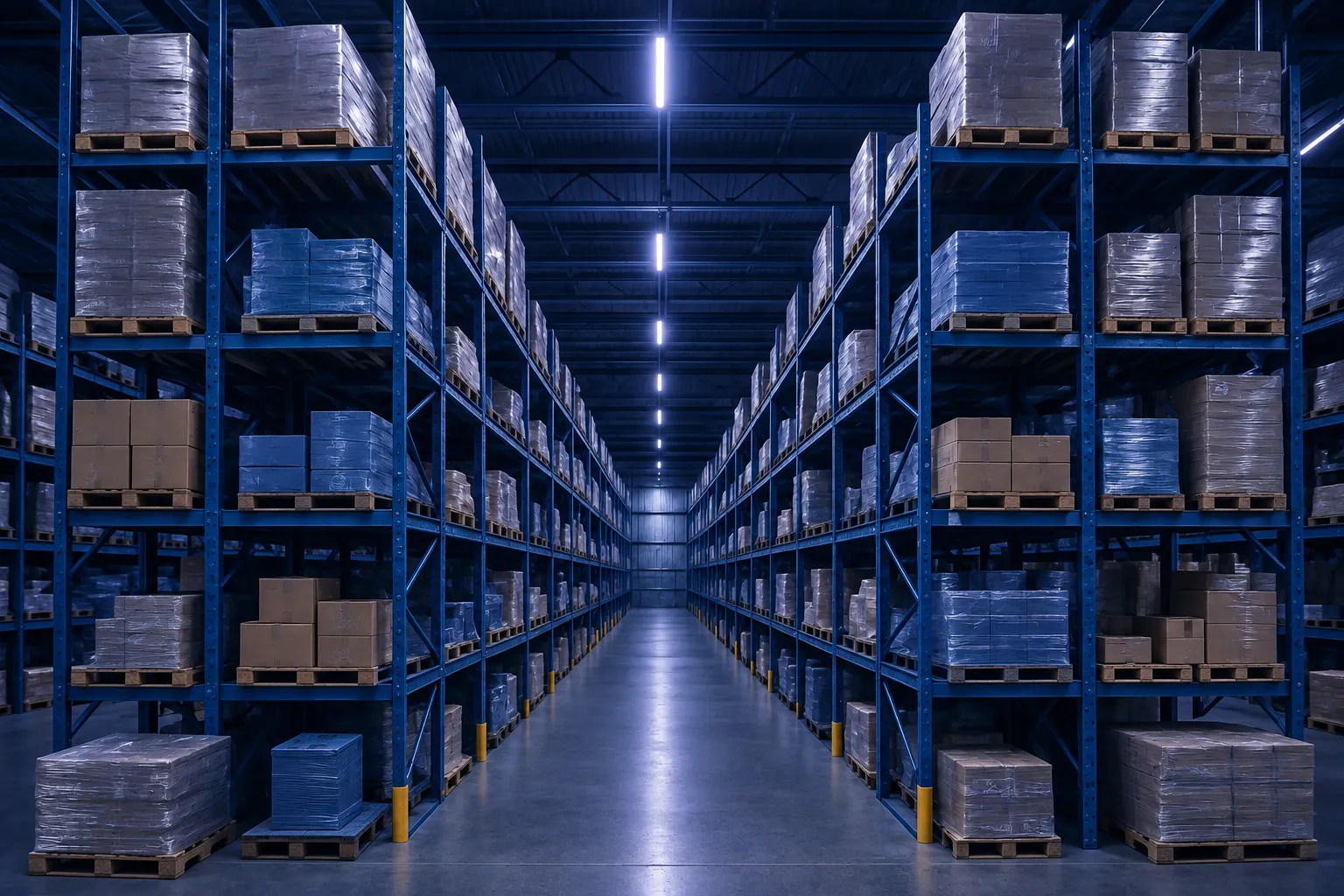 Warehouse scene with goods stored ready for onward handling.